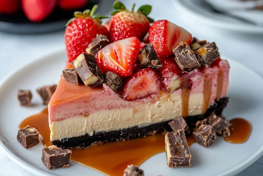 A slice of Snickers strawberry cheesecake topped with fresh strawberries, caramel drizzle, and chopped Snickers bars.

