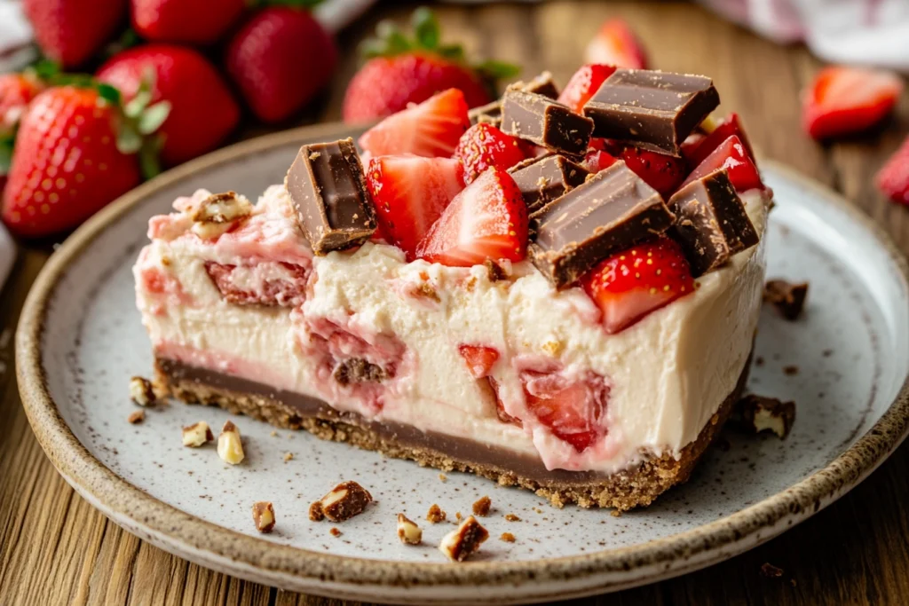 A delicious slice of Snickers Strawberry Cheesecake topped with fresh strawberries and chopped Snickers bars.

