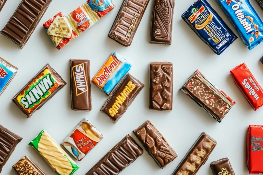 Various Snickers bar types laid out, showcasing different flavors and packaging.

