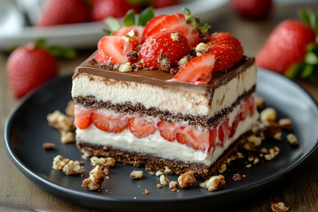 A layered dessert featuring Snickers, cheesecake, and strawberries, inspired by the viral Strawberry Cheesecake Snickers trend.

