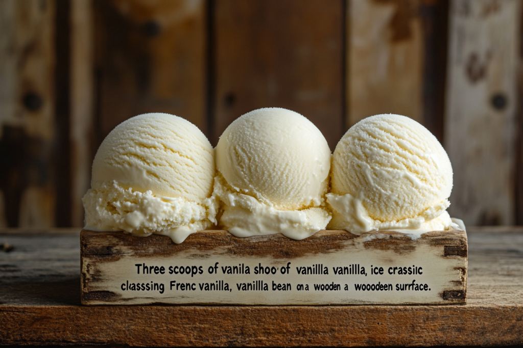 "Three scoops of vanilla ice cream showcasing classic vanilla, French vanilla, and vanilla bean on a wooden surface."

