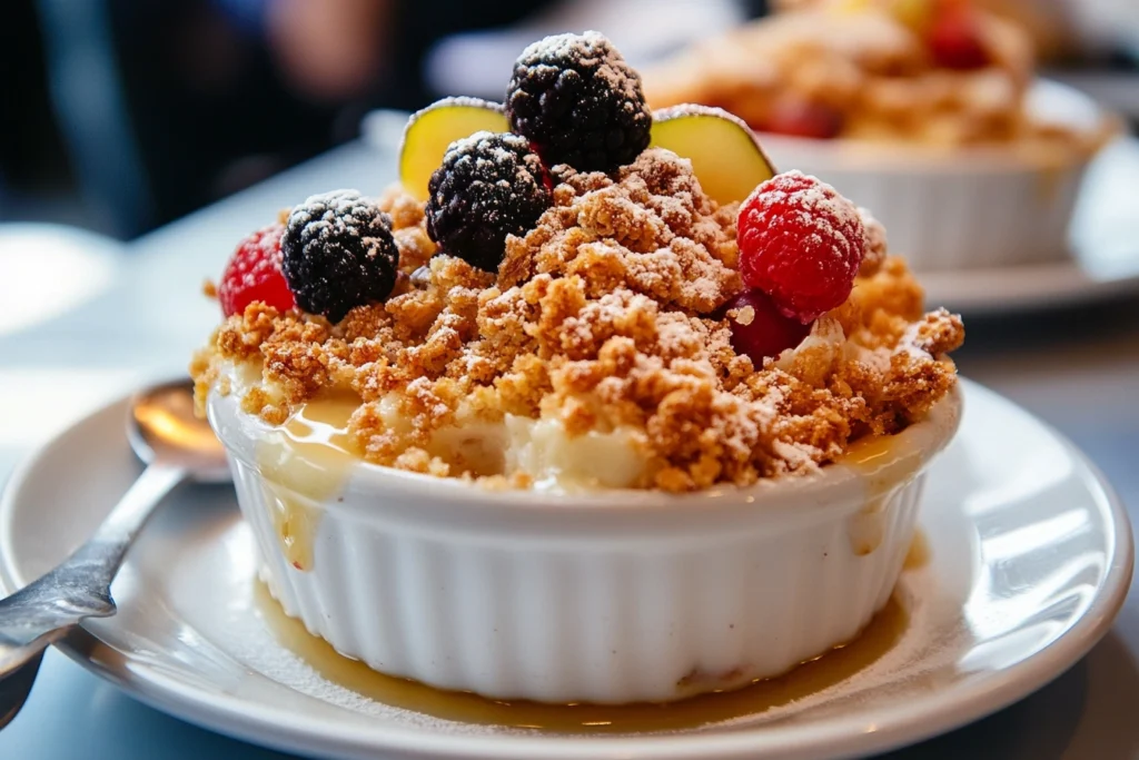 Fruit crumble dessert with crispy golden topping