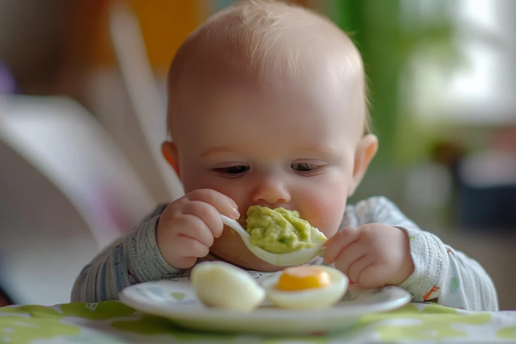 A baby sitting in a high chair enjoying mashed avocado and soft-boiled egg, showcasing nutritious first meals.

