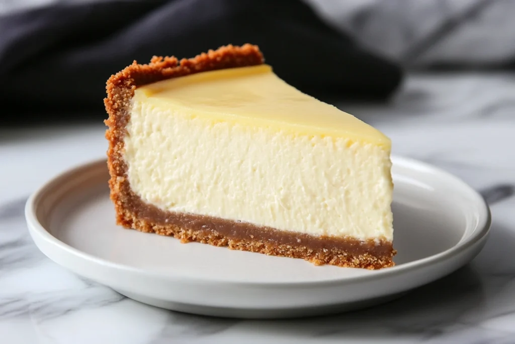 A perfectly baked, creamy cheesecake with no cracks on a white plate.

