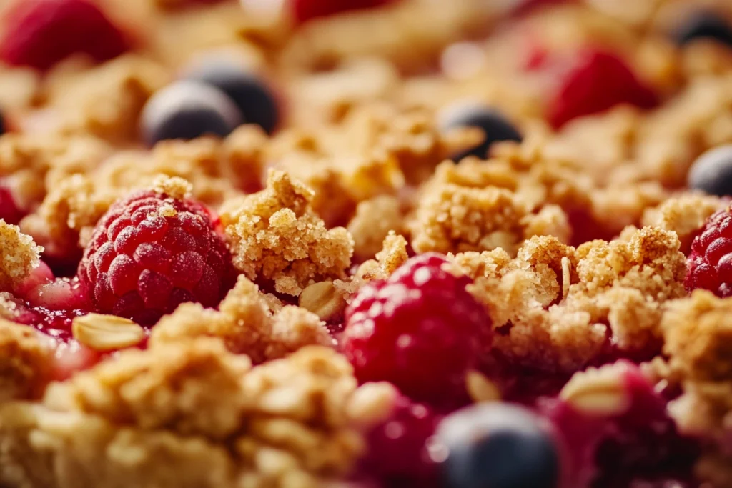 Close-up of a golden crumble topping on a fruit dessert

