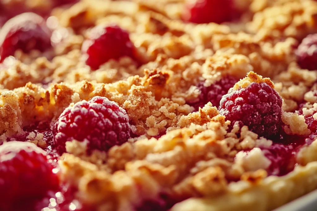 Golden, crispy crumble topping on a freshly baked fruit dessert

