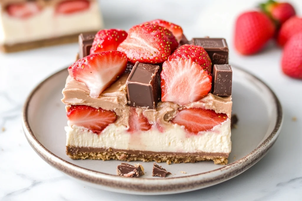 Strawberry Cheesecake Snickers dessert with layers of strawberries, cheesecake, and Snickers bars

