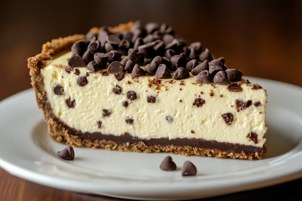 A slice of rich, creamy chocolate chip cheesecake with a golden graham cracker crust and chocolate chips sprinkled on top.

