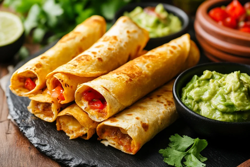 Crispy Mexican flautas served with guacamole and salsa

