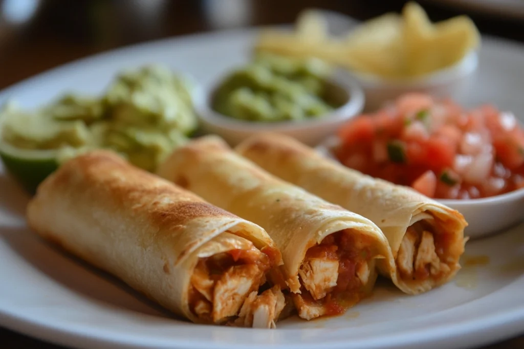 A plate of crispy flautas filled with shredded chicken, served with sides of fresh salsa, guacamole, and sour cream.

