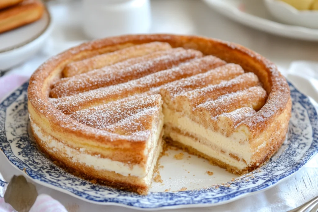 A delicious churro cheesecake topped with cinnamon sugar, featuring a flaky crust and creamy cheesecake center.

