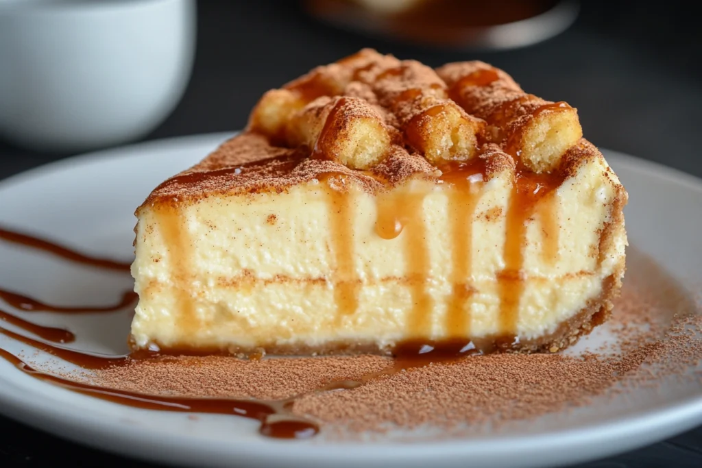 A delicious slice of churro cheesecake topped with cinnamon sugar and drizzled with caramel.

