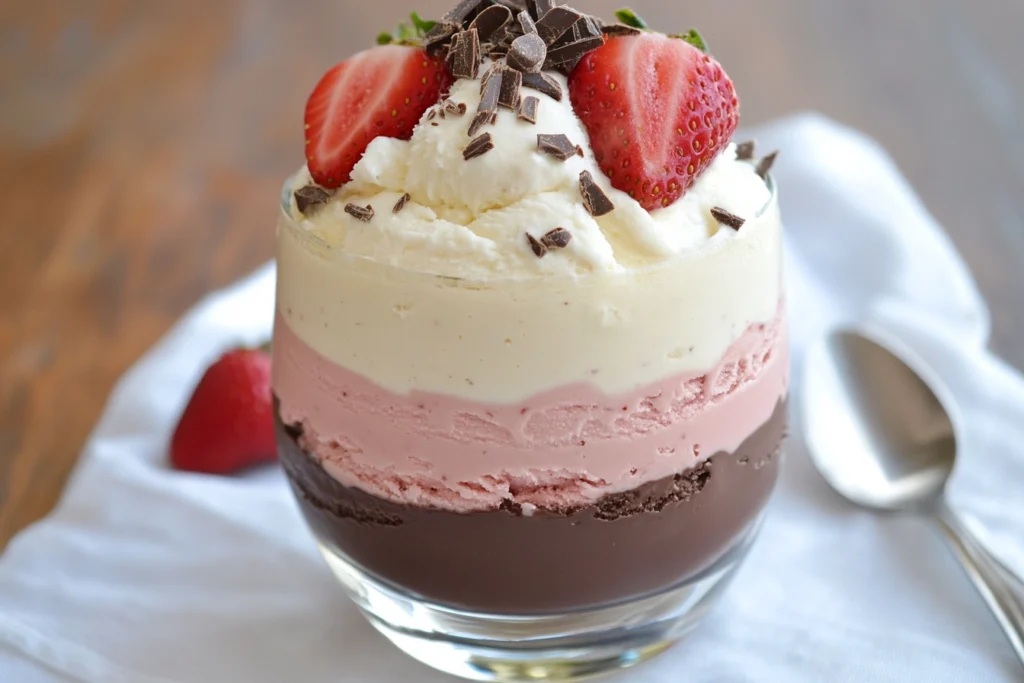 Neapolitan ice cream with chocolate, vanilla, and strawberry layers

