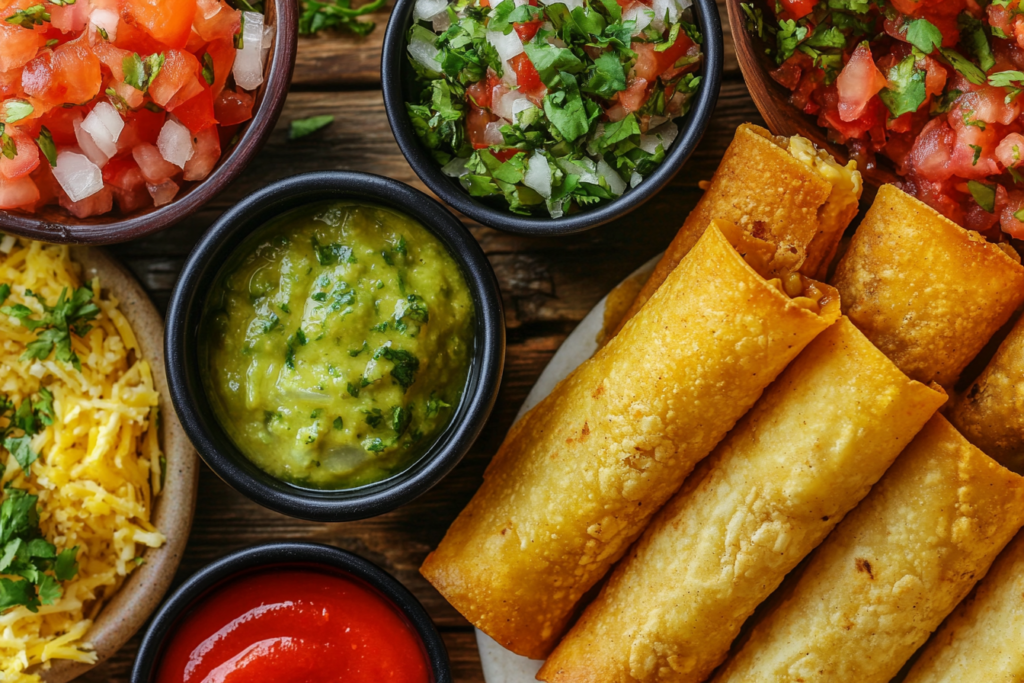 Crispy flautas and taquitos side by side with dipping sauces

