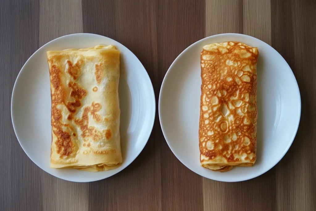 A close-up image showing an egg roll and a pancake roll side by side on a plate, highlighting the differences in their wrappers and appearance.

