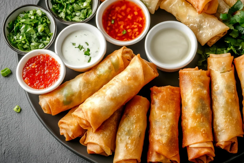 Comparison of fried egg rolls and fresh spring rolls with dipping sauces

