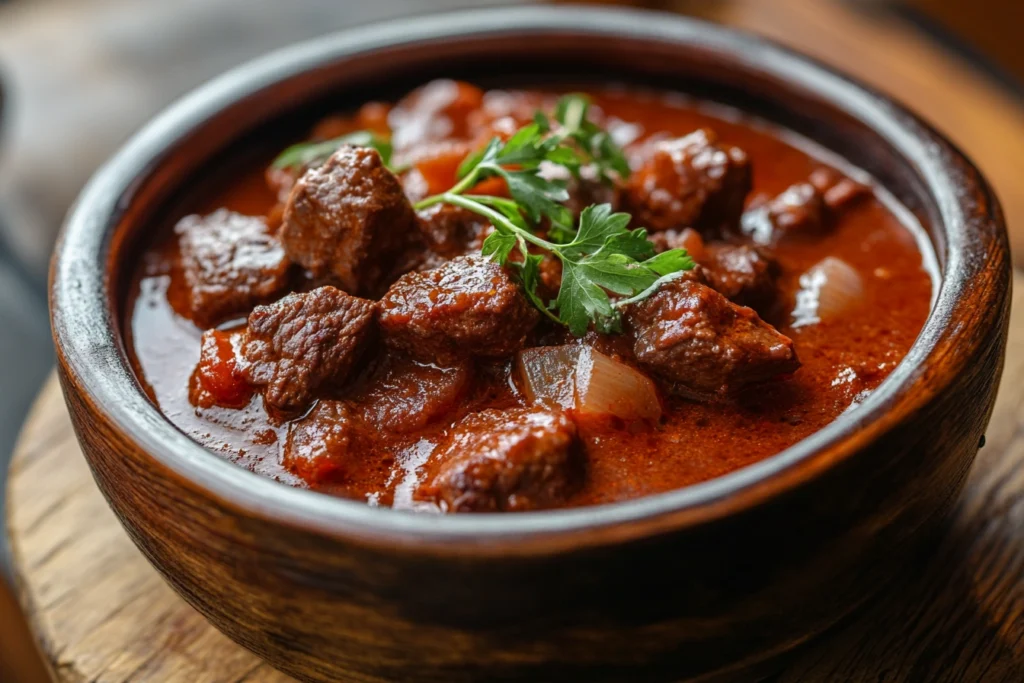 A close-up of a bowl filled with rich, hearty goulash sauce featuring chunks of beef, bright red paprika, and a savory broth.

