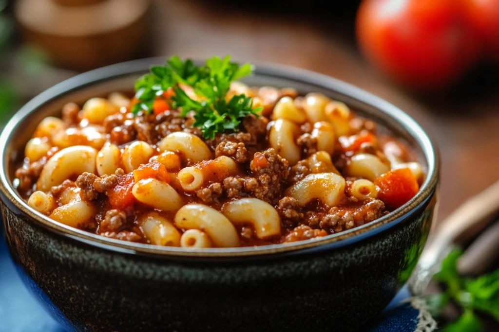 A close-up of a bowl filled with hearty American goulash, featuring ground beef, elbow macaroni, and a rich tomato sauce, topped with cheddar cheese.

