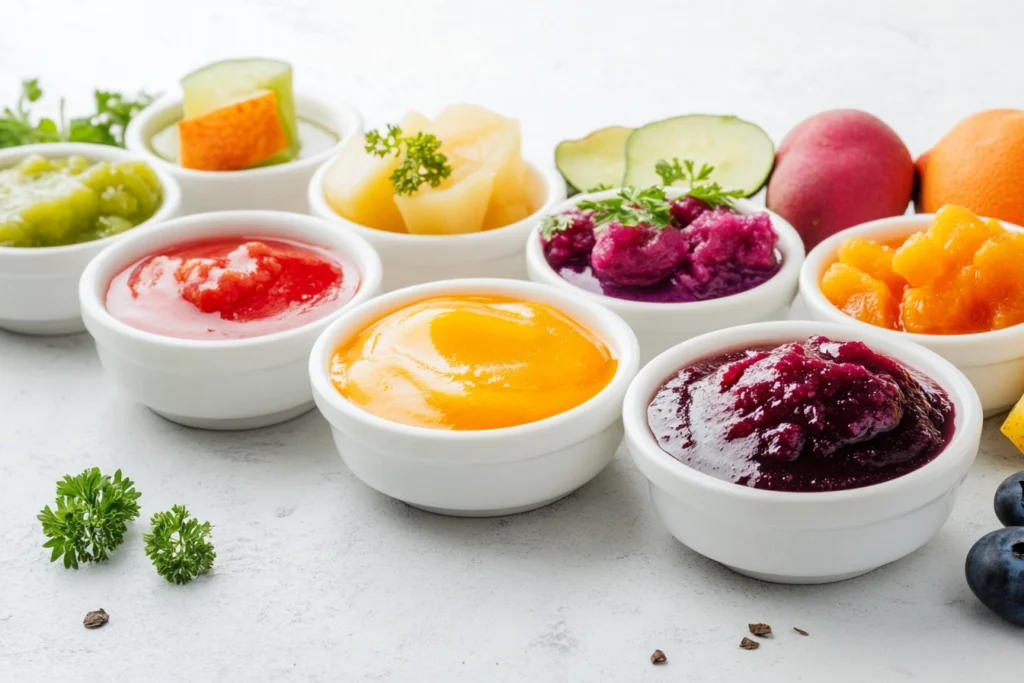 A variety of colorful homemade baby food purees made from fruits and vegetables, displayed in small bowls.

