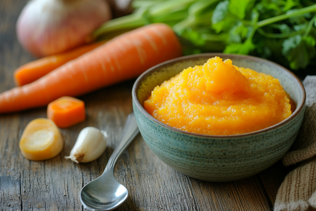 Homemade baby food puree in a bowl with a spoon, next to fresh vegetables

