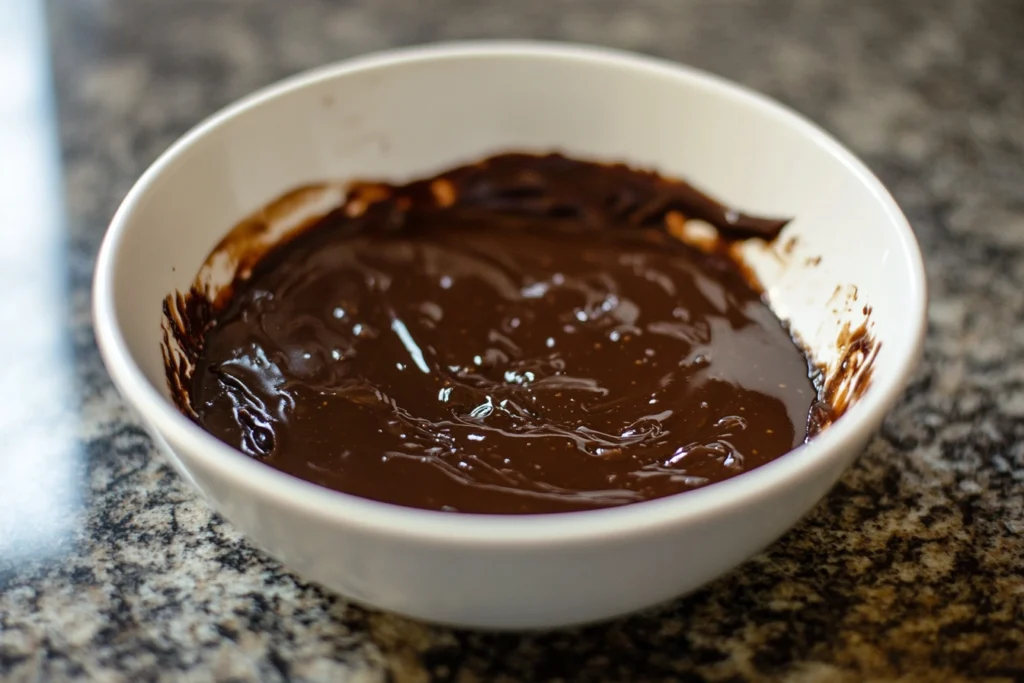 A melted Snickers bar in a bowl, ready to be used as a rich sauce or fondue for dipping fruit and other desserts.

