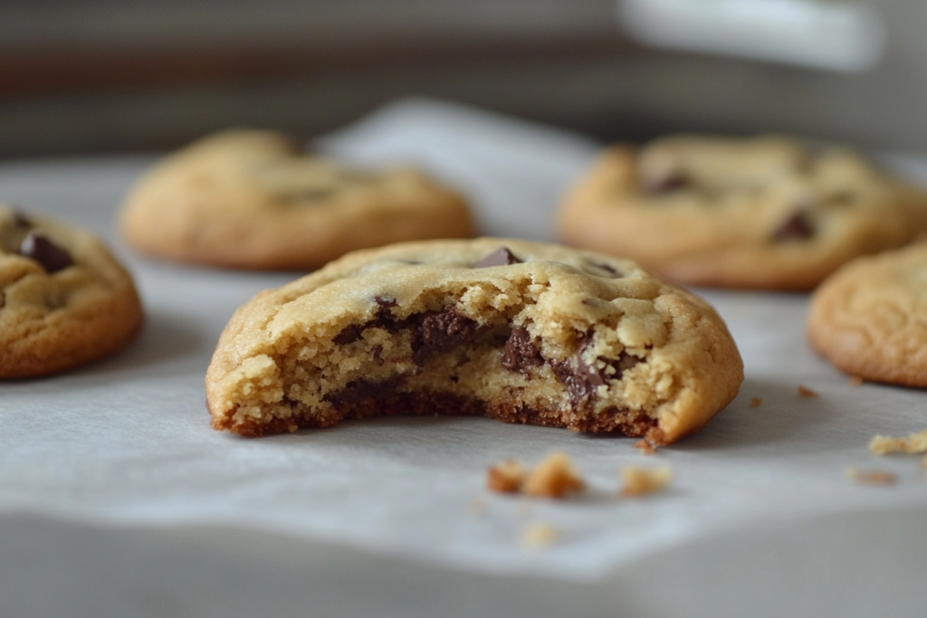 Chocolate chips partially melted inside freshly baked cookies.

