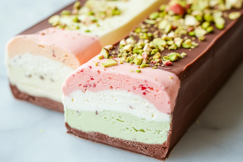 A sliced block of Harlequin ice cream showing colorful layers of vanilla, chocolate, strawberry, and pistachio flavors.

