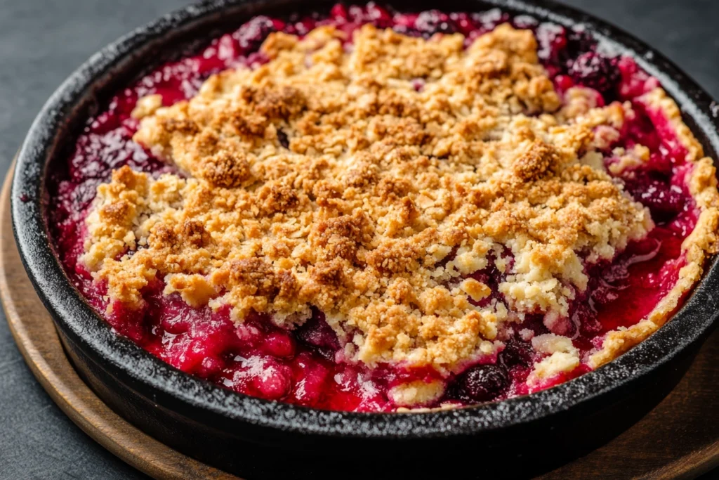 Golden, crispy crumble topping over fruit filling

