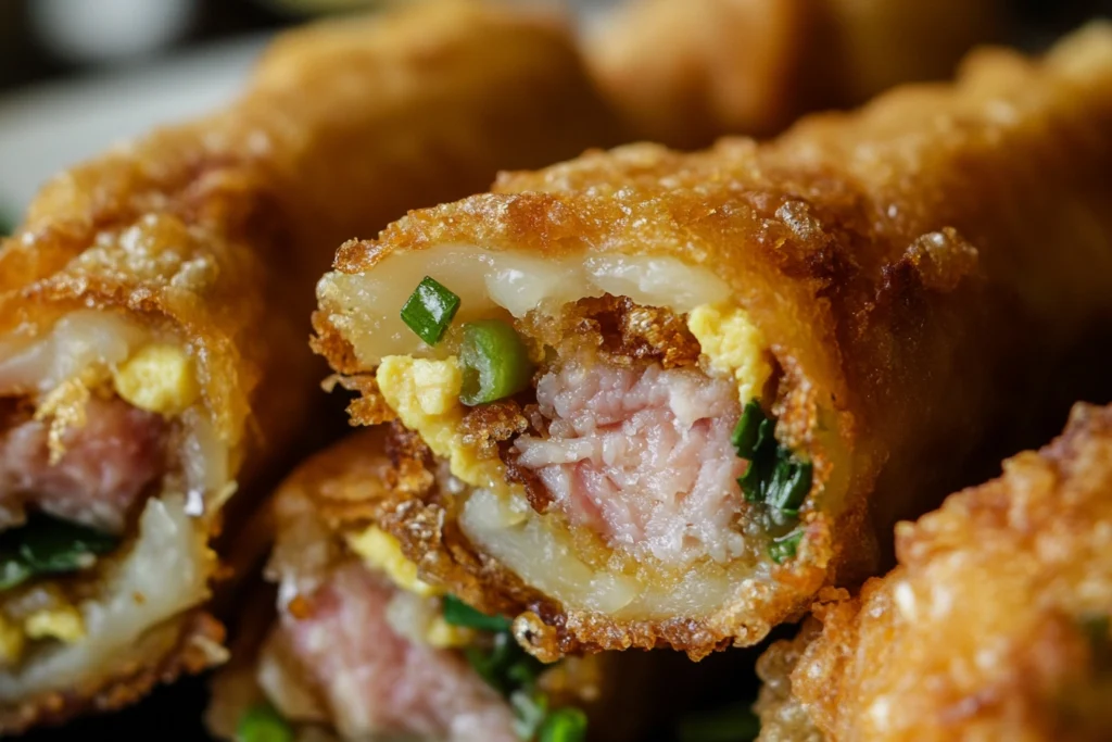 Close-up of a crispy egg roll with pink pork filling

