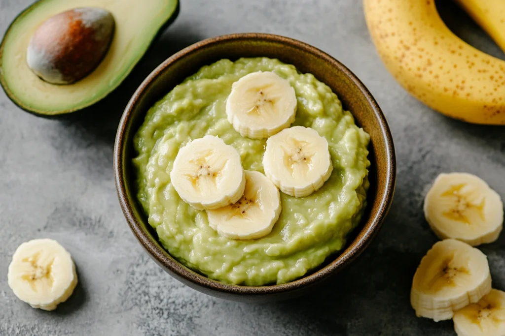 A bowl of mashed avocado and banana puree for baby’s first food

