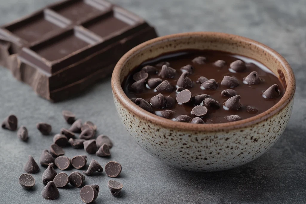 Melted chocolate chips in a bowl next to a block of Baker’s chocolate.

