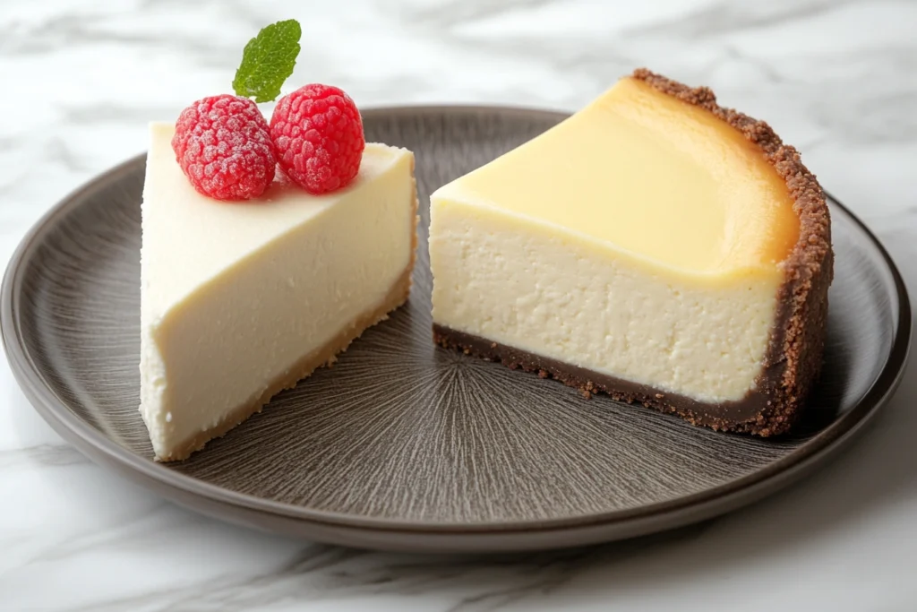 A slice of traditional cheesecake next to a slice of New York cheesecake on a plate.

