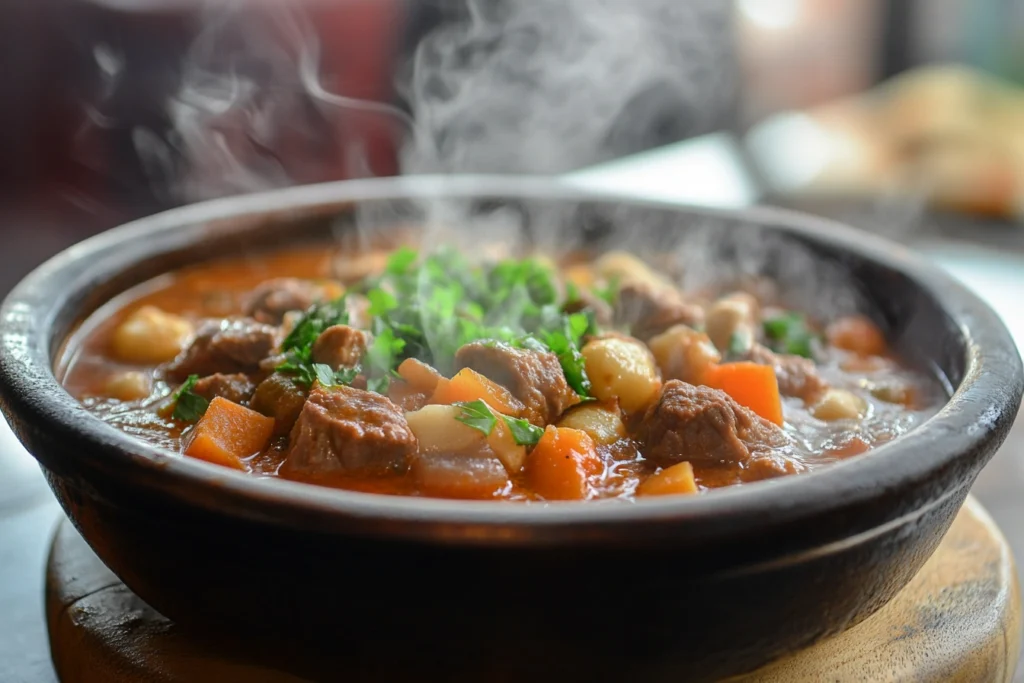 A steaming bowl of traditional Hungarian goulash with beef and vegetables

