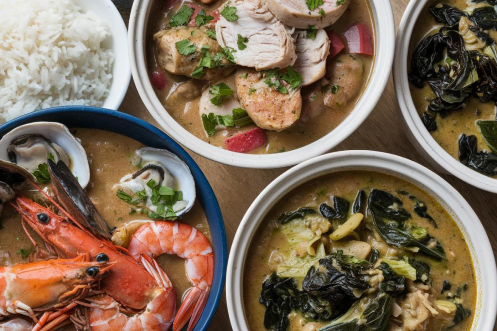 Three bowls of gumbo: seafood, chicken and sausage, and gumbo z'herbes

