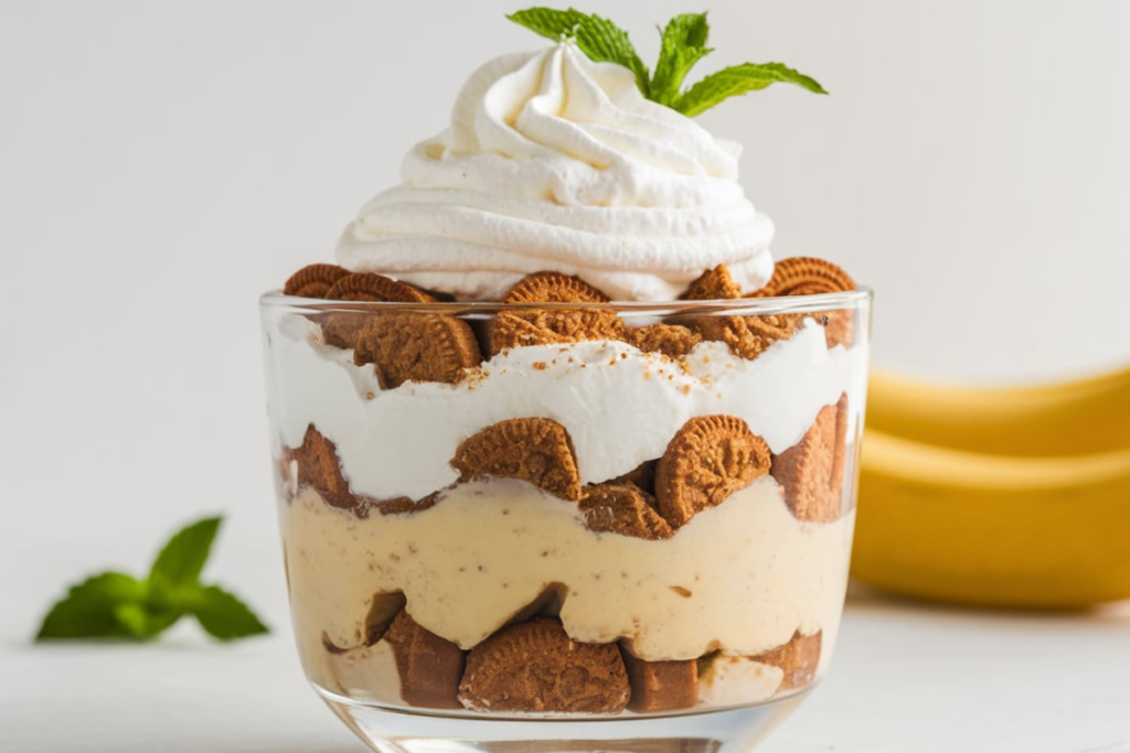 Layered banana pudding with cookies and whipped cream