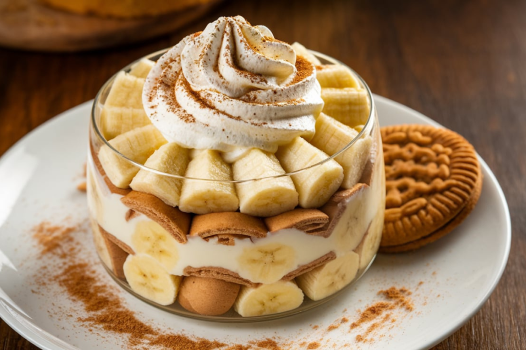 Layered banana pudding with cookies and whipped cream

