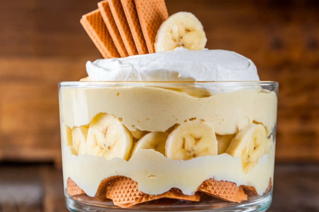 Layered banana pudding with cookies and whipped cream

