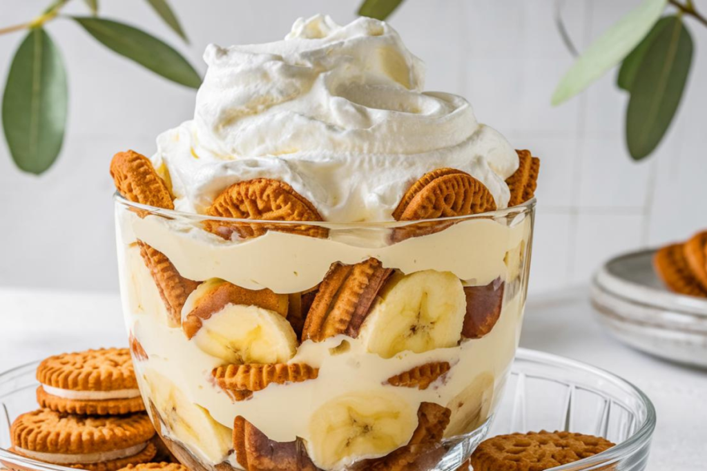 Layered banana pudding with cookies and whipped cream

