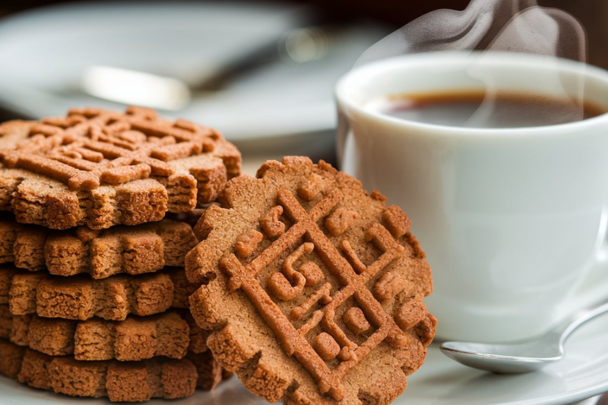 Biscoff cookies stacked next to a cup of coffee