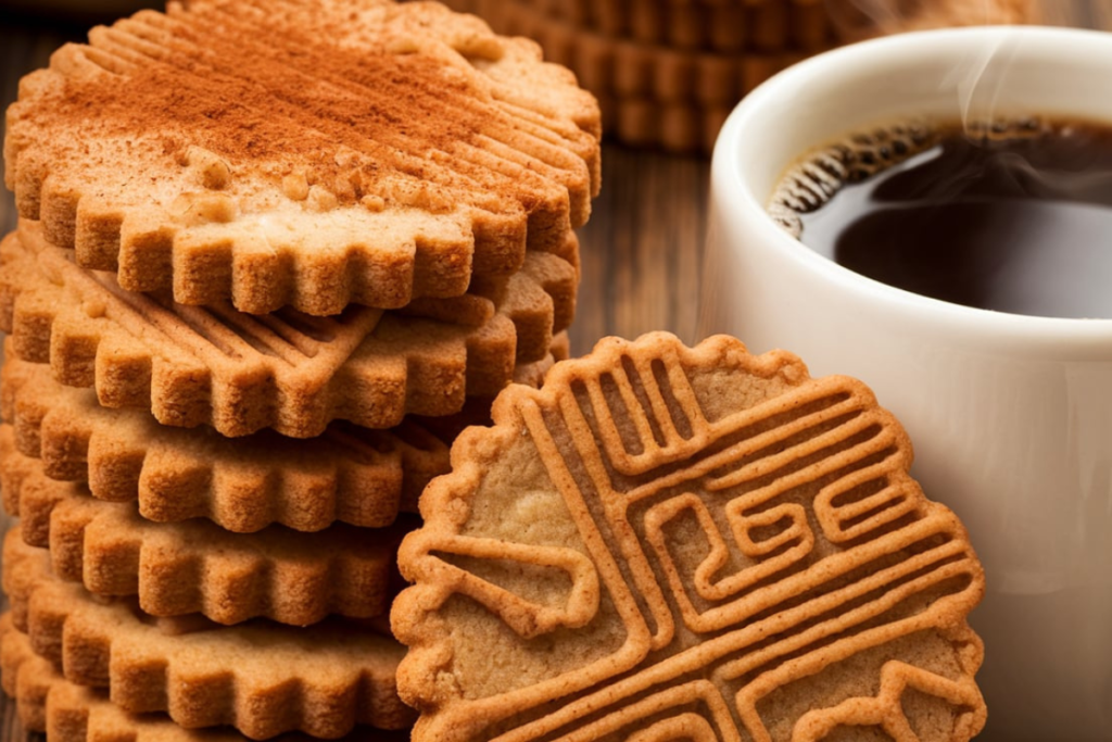 Biscoff cookies stacked next to a cup of coffee

