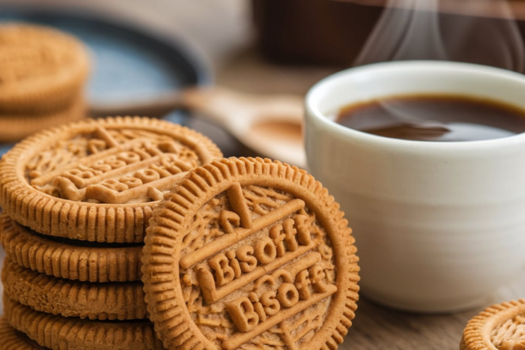 Biscoff cookies stacked next to a cup of coffee

