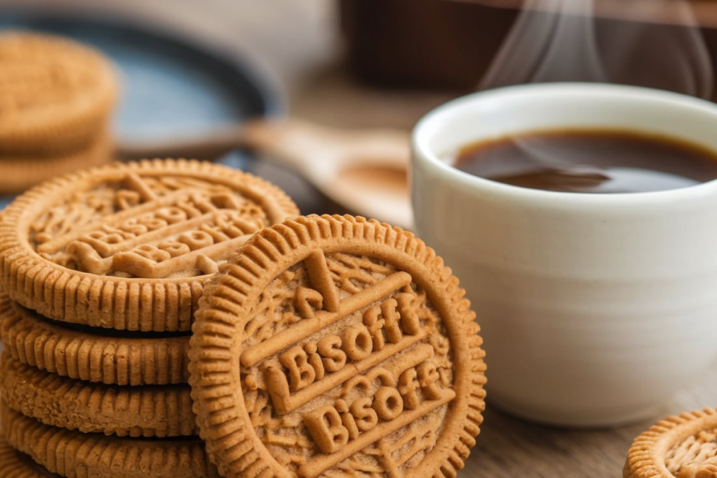 Close-up of Biscoff cookies with caramel and cinnamon

