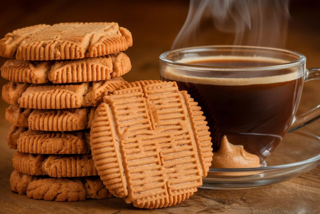 Stacked Biscoff cookies next to coffee