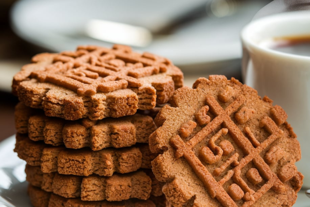 Stacked Biscoff cookies next to coffee

