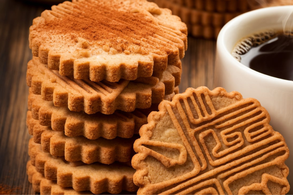 Stacked Biscoff cookies next to coffee

