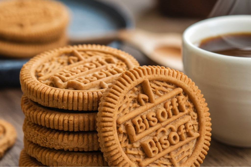 Stacked Biscoff cookies next to coffee

