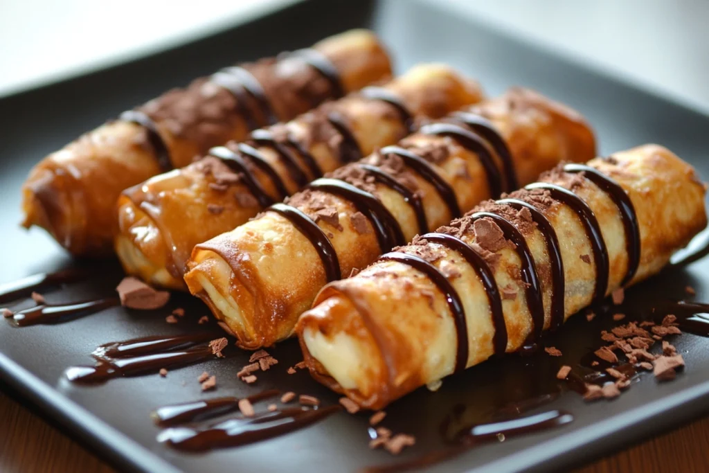 Golden brown cherry cheesecake egg rolls on a plate, served with a drizzle of chocolate sauce