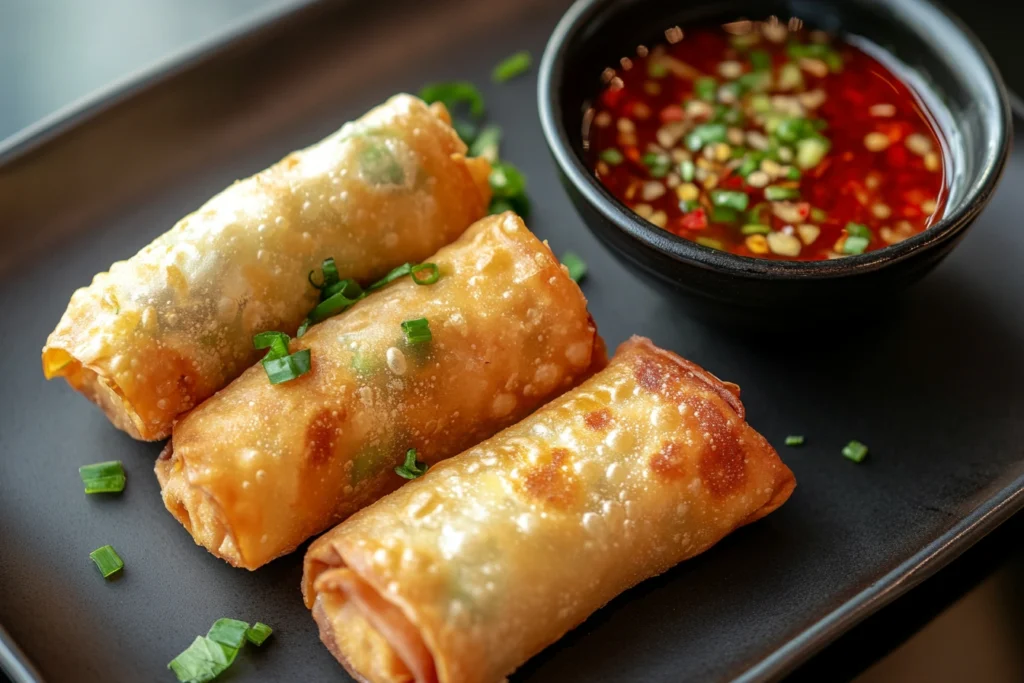 "Imperial roll and egg roll side by side on a plate with dipping sauce, highlighting the differences in texture and wrapper."

