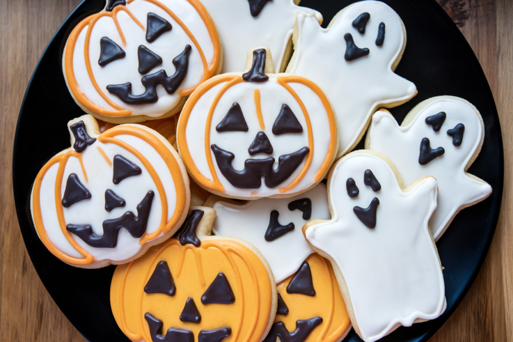 A plate of freshly baked Pillsbury Halloween cookies shaped like pumpkins and ghosts.

