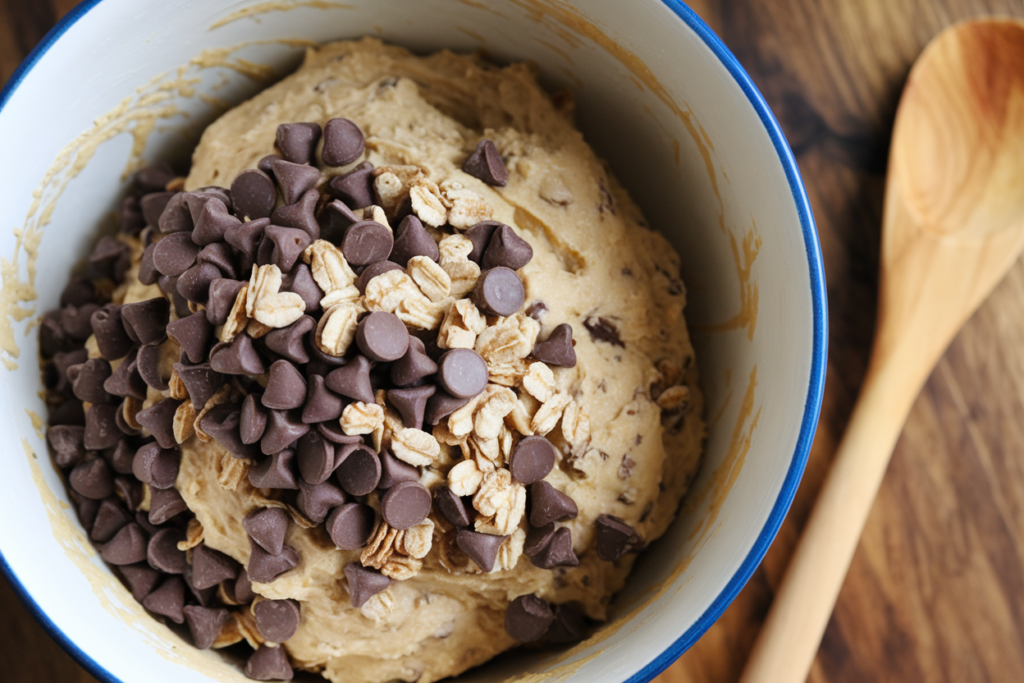 Creamy cottage cheese cookie dough with chocolate chips and rolled oats.

